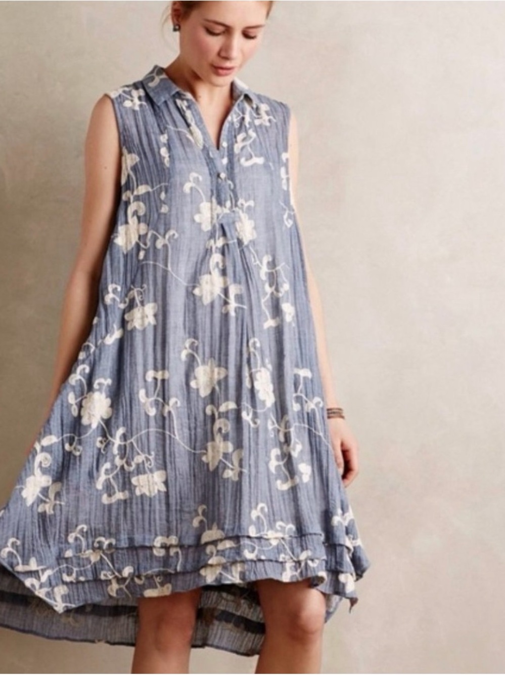 Anthropologie Isabel Sinclair Chambray Denim Dress w/ Embroidered Flowers